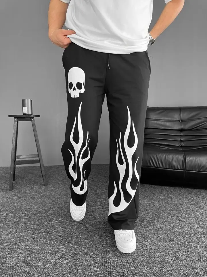 İki İplik Kumaş Baskılı Beli Lastikli Boru Paça Baggy Alt Esofman - Siyah